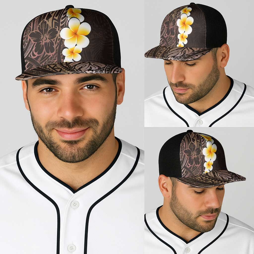 Brown Polynesia Baseball Net Cap Plumeria Tropical Leaves With Galaxy Polynesian Art - Polynesian Pride