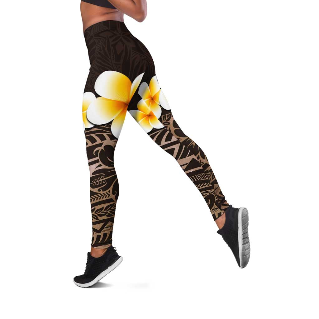 Brown Polynesia Leggings Plumeria Tropical Leaves With Galaxy Polynesian Art - Polynesian Pride
