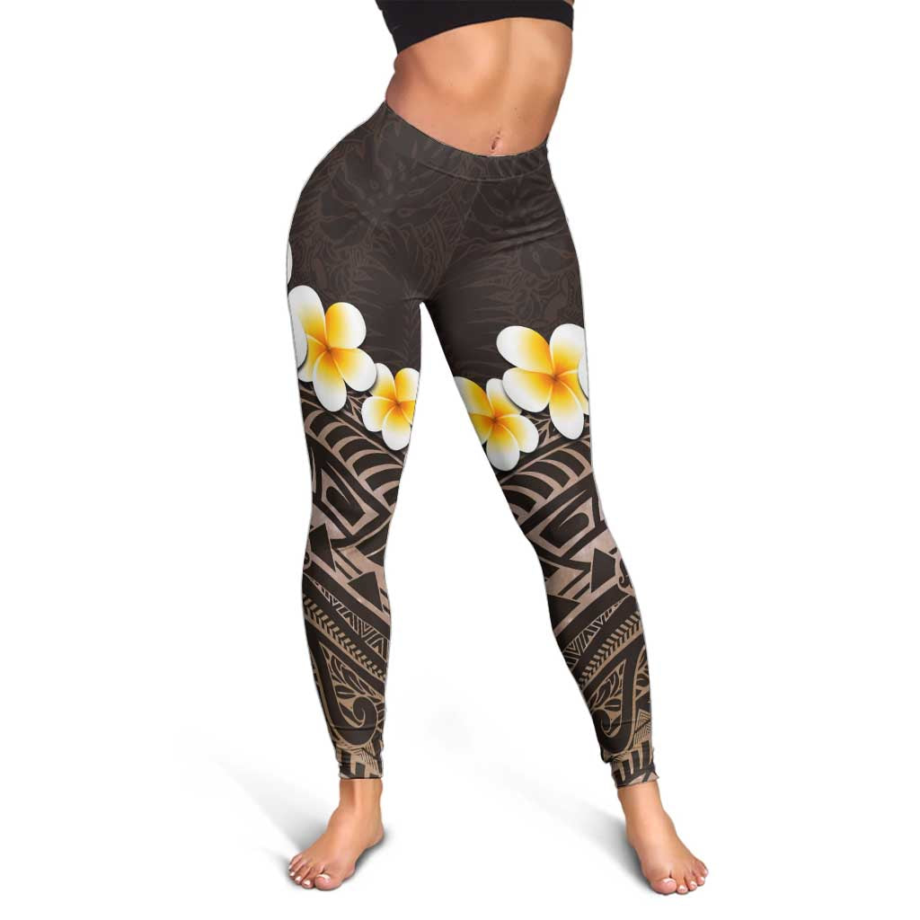 Brown Polynesia Leggings Plumeria Tropical Leaves With Galaxy Polynesian Art - Polynesian Pride