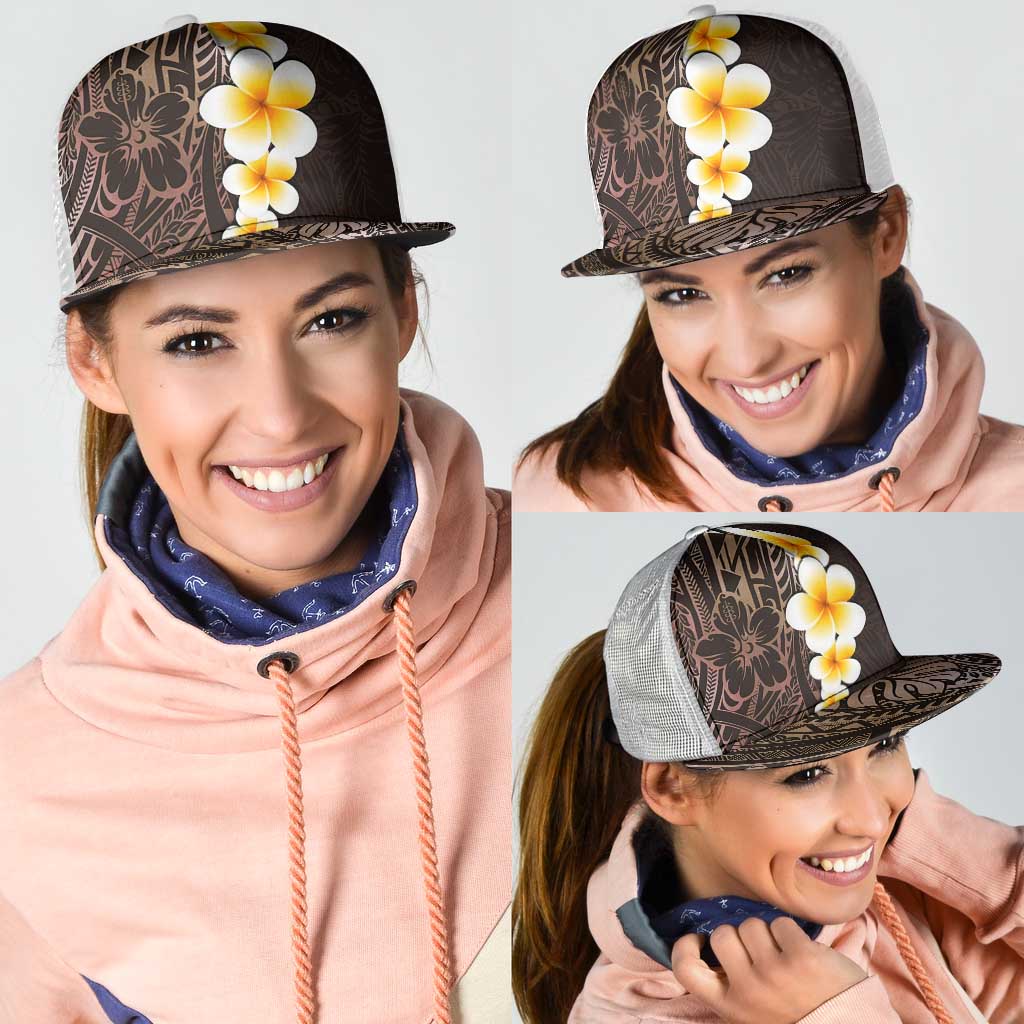 Brown Polynesia Mesh Trucker Cap Plumeria Tropical Leaves With Galaxy Polynesian Art - Polynesian Pride
