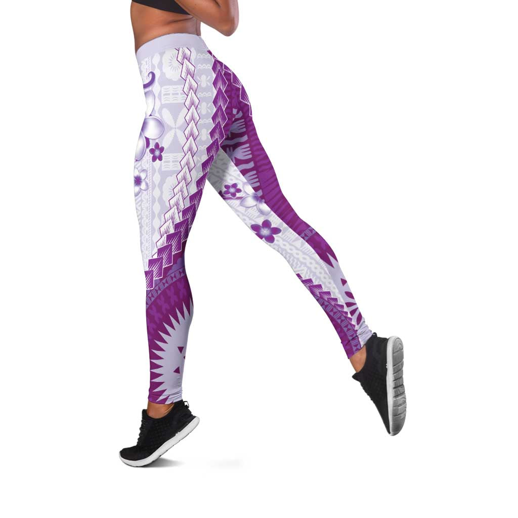 Bula Fiji Leggings Violet Plumeria Masi Tapa Pattern - Polynesian Pride