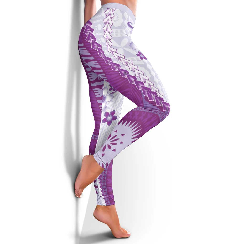 Bula Fiji Leggings Violet Plumeria Masi Tapa Pattern - Polynesian Pride