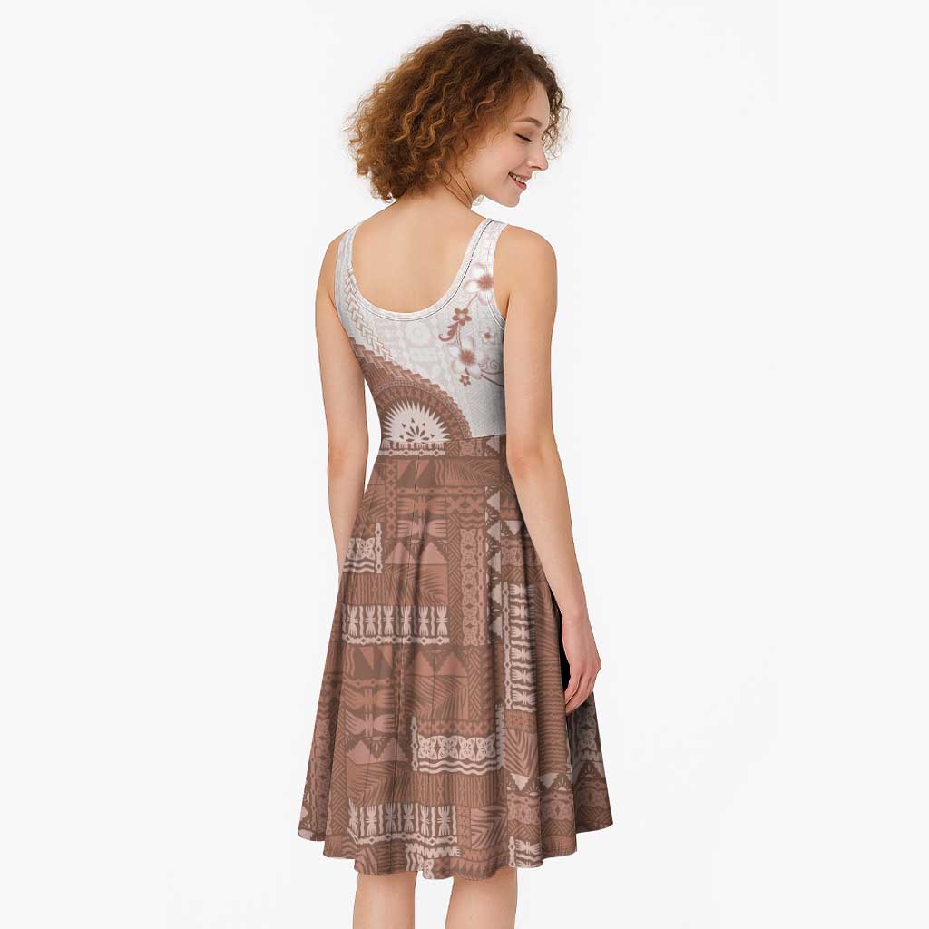 Bula Fiji Midi Dress Brown Plumeria Masi Tapa Pattern - Polynesian Pride