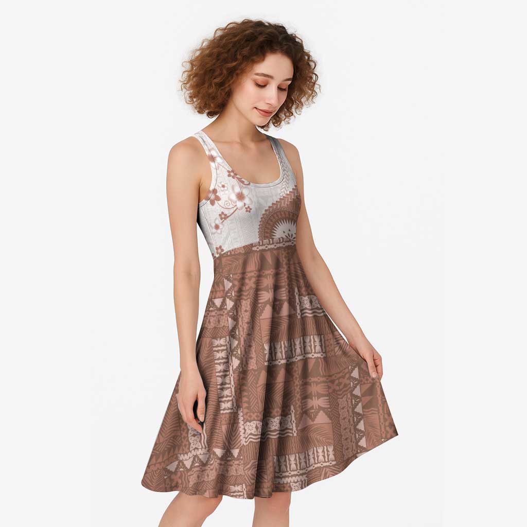 Bula Fiji Midi Dress Brown Plumeria Masi Tapa Pattern - Polynesian Pride