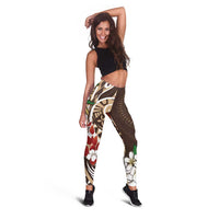 Bula Fiji Tagimaucia Mix Plumeria Masi Tapa Leggings Brown