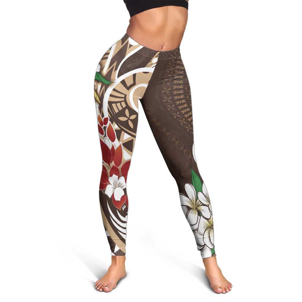 Bula Fiji Tagimaucia Mix Plumeria Masi Tapa Leggings Brown