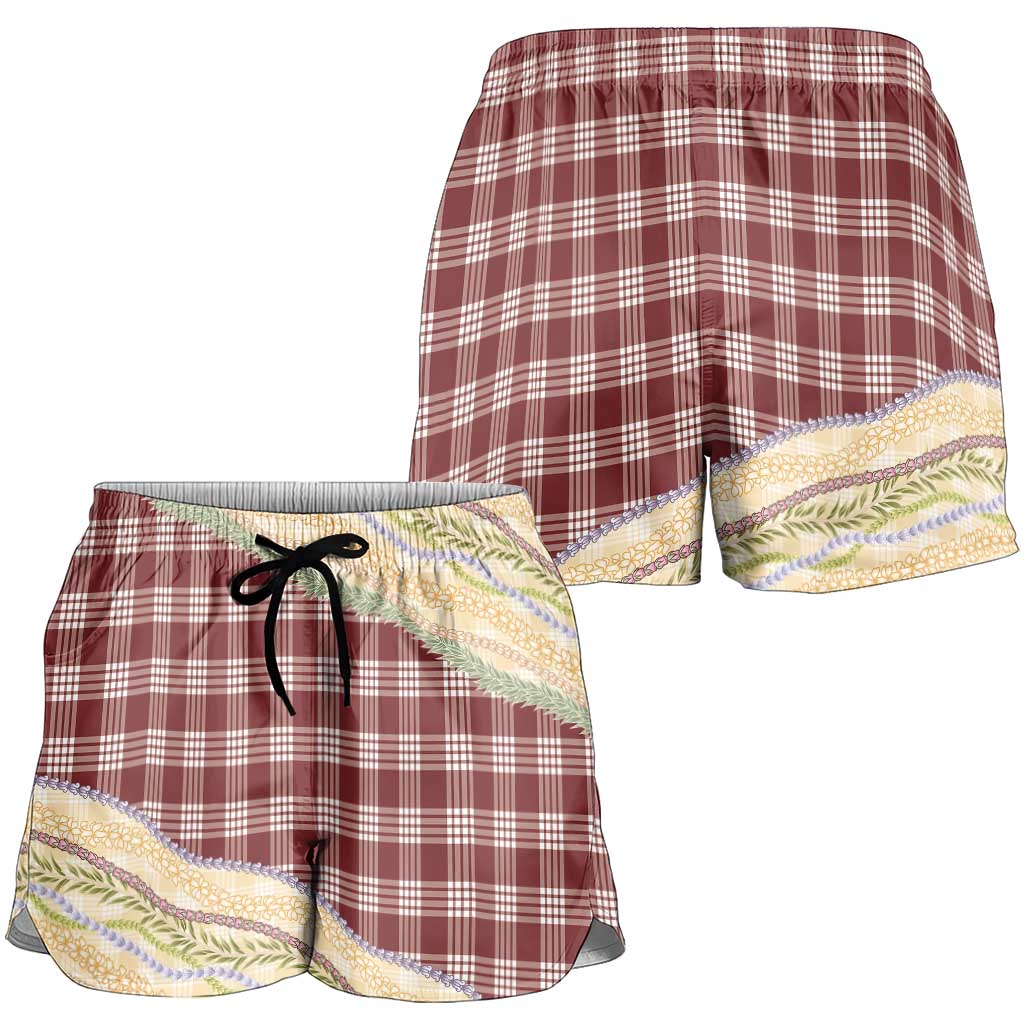 Burgundy Palaka Hawaii Leis Elegant Vibes Shorts for Women
