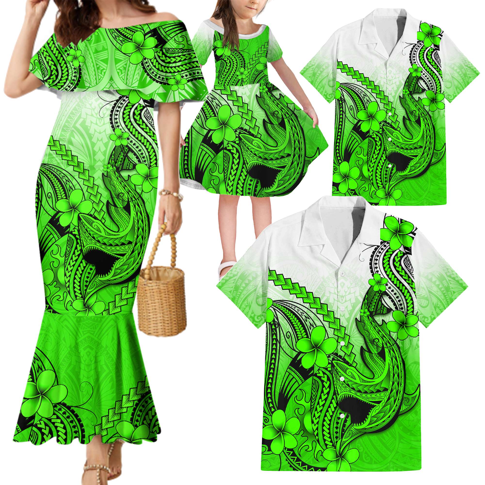 Green Hawaii Family Matching Outfits Mermaid Dress And Hawaiian Shirt Polynesian Shark Tattoo LT14 - Polynesian Pride