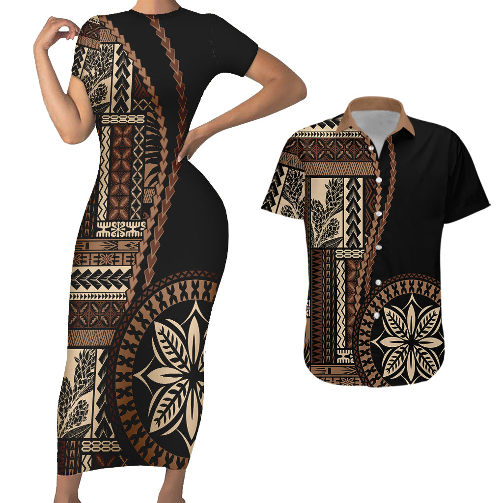 Samoa Siapo Motif Couples Matching Short Sleeve Bodycon Dress and Hawaiian Shirt Classic Style - Black Ver02 LT7 Black - Polynesian Pride