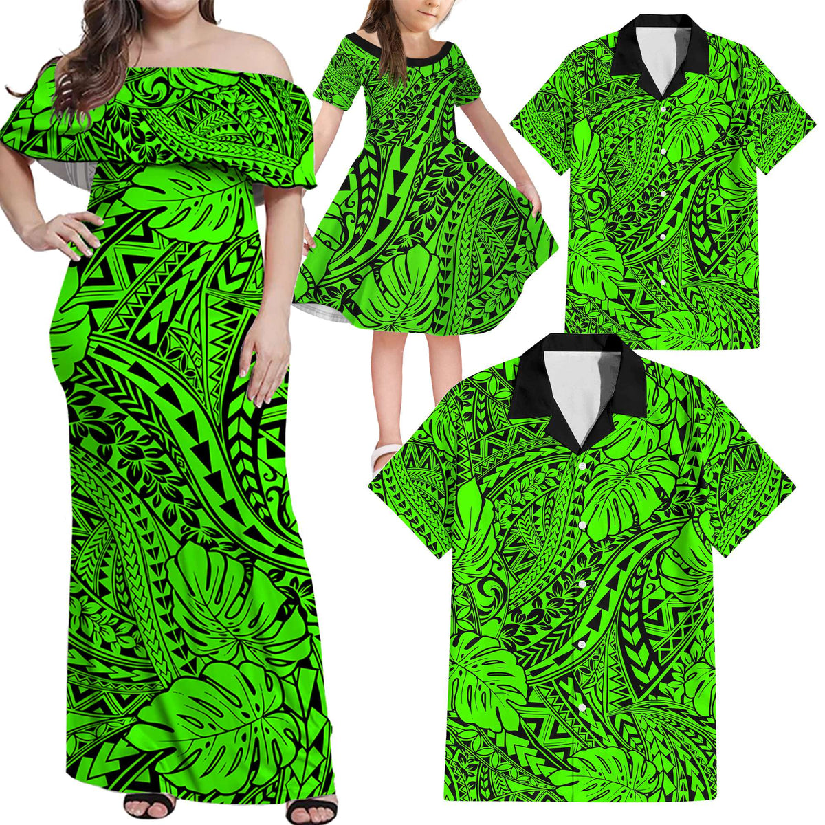 Green Hawaii Family Matching Off Shoulder Maxi Dress And Hawaiian Shirt Tribal Art LT14 - Polynesian Pride