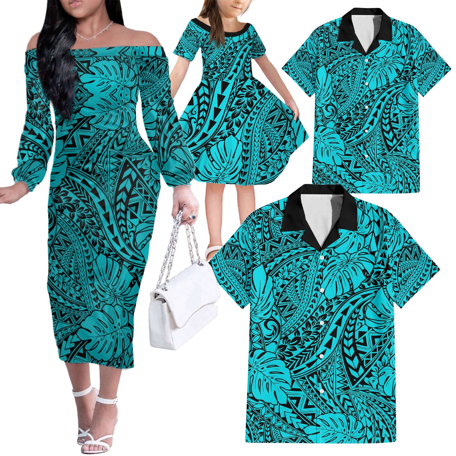 Turquoise Hawaii Family Matching Off Shoulder Long Sleeve Dress And Hawaiian Shirt Tribal Art LT14 - Polynesian Pride