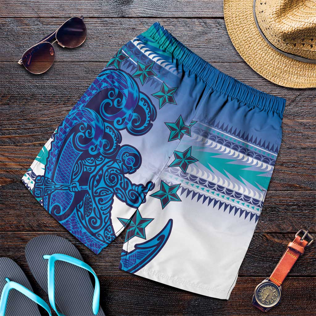 Cook Islands Va'a Race Shorts for Men Te Tatau Tattoos Sporty Style Light Blue Color - Polynesian Pride