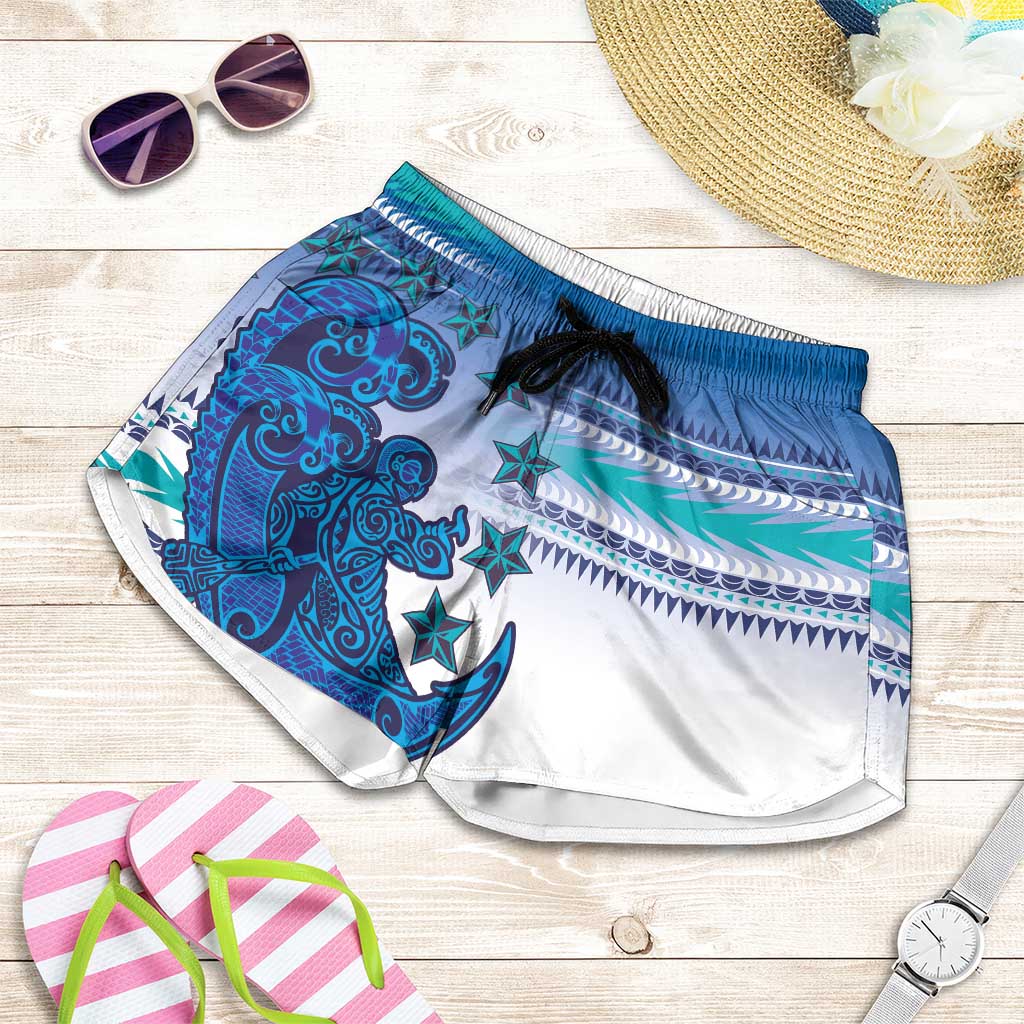 Cook Islands Va'a Race Shorts for Women Te Tatau Tattoos Sporty Style Light Blue Color - Polynesian Pride