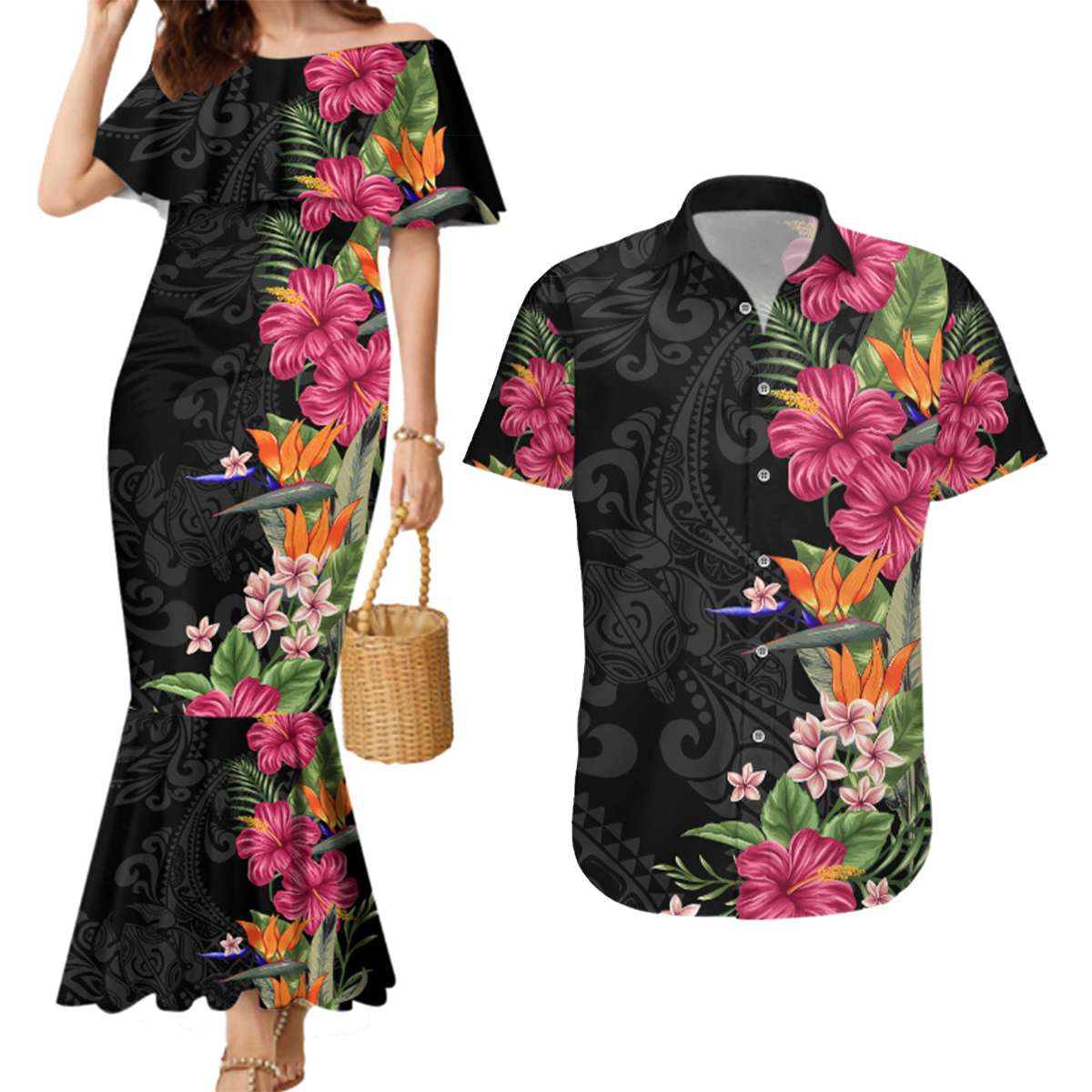 Hawaii Flowers Mixed Tribal Pattern Matching Mermaid Dress and Hawaiian Shirt LT9 - Polynesian Pride