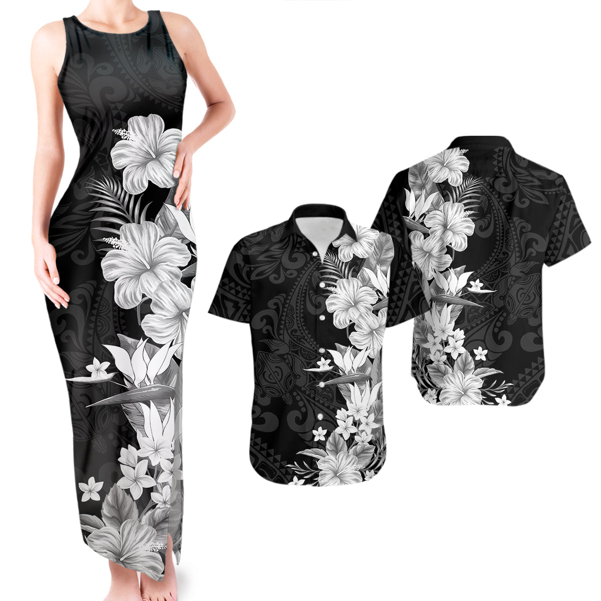 Hawaii Flowers Tribal Pattern Tank Maxi Dress and Hawaiian Shirt Black Style LT9 - Polynesian Pride