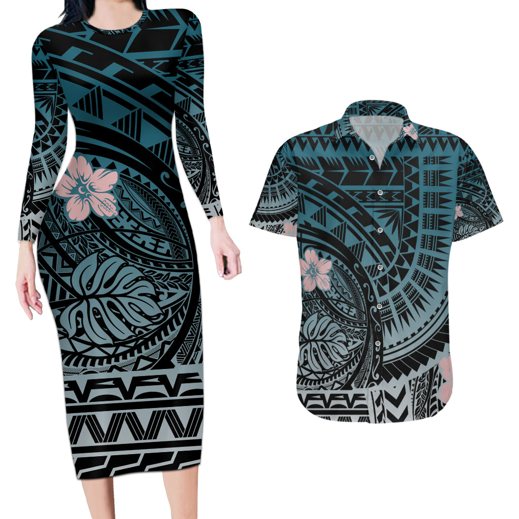 Polynesian Pride Hawaii Matching Outfit For Couples Hawaii Flower And Leaf Pattern Bodycon Dress And Hawaii Shirt