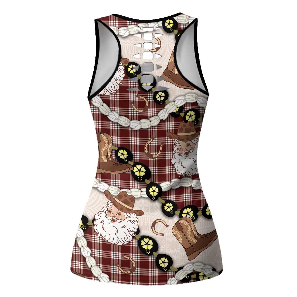 Cowboy Hawaii Mele Kalikimaka Hollow Tank Top Paniolo Kukui Nut Pikake Lei Burgundy Version - Polynesian Pride