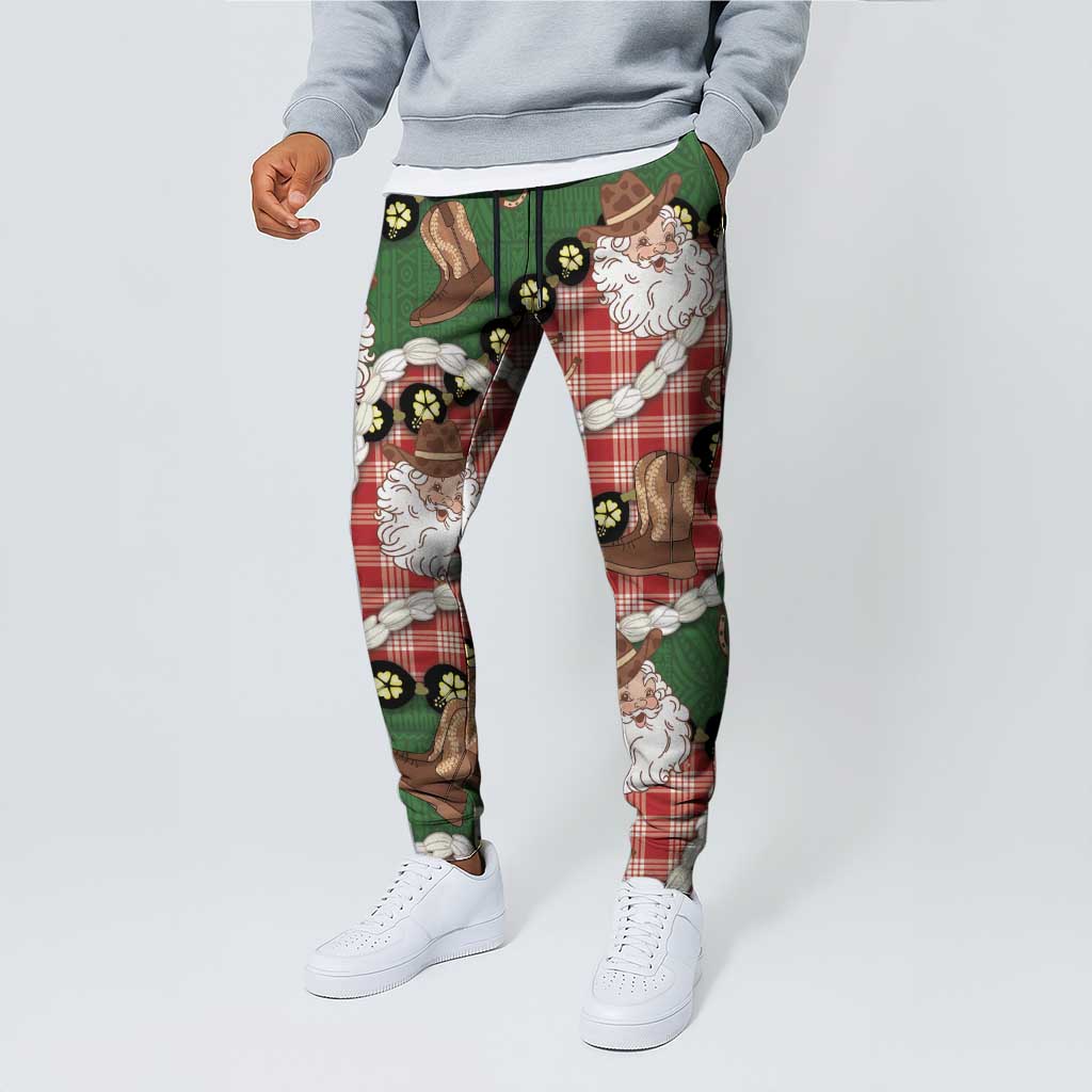 Cowboy Hawaii Mele Kalikimaka Jogger Pants Paniolo Kukui Nut Pikake Lei Red Version - Polynesian Pride