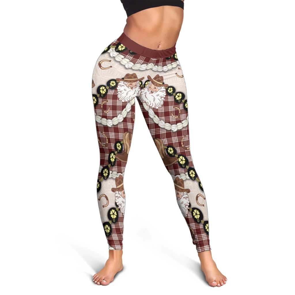 Cowboy Hawaii Mele Kalikimaka Leggings Paniolo Kukui Nut Pikake Lei Burgundy Version - Polynesian Pride