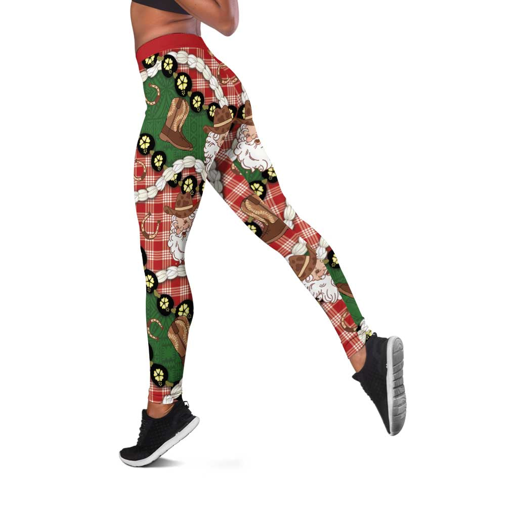 Cowboy Hawaii Mele Kalikimaka Leggings Paniolo Kukui Nut Pikake Lei Red Version - Polynesian Pride