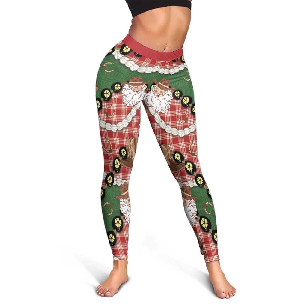 Cowboy Hawaii Mele Kalikimaka Leggings Paniolo Kukui Nut Pikake Lei Red Version - Polynesian Pride