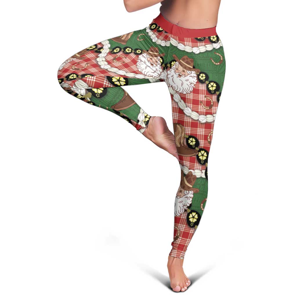 Cowboy Hawaii Mele Kalikimaka Leggings Paniolo Kukui Nut Pikake Lei Red Version - Polynesian Pride