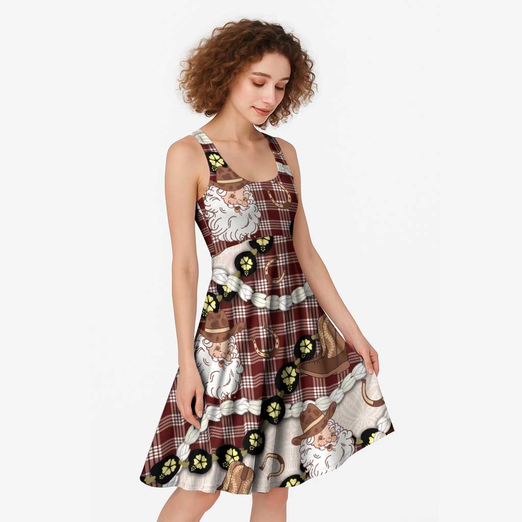 Cowboy Hawaii Mele Kalikimaka Midi Dress Paniolo Kukui Nut Pikake Lei Burgundy Version - Polynesian Pride