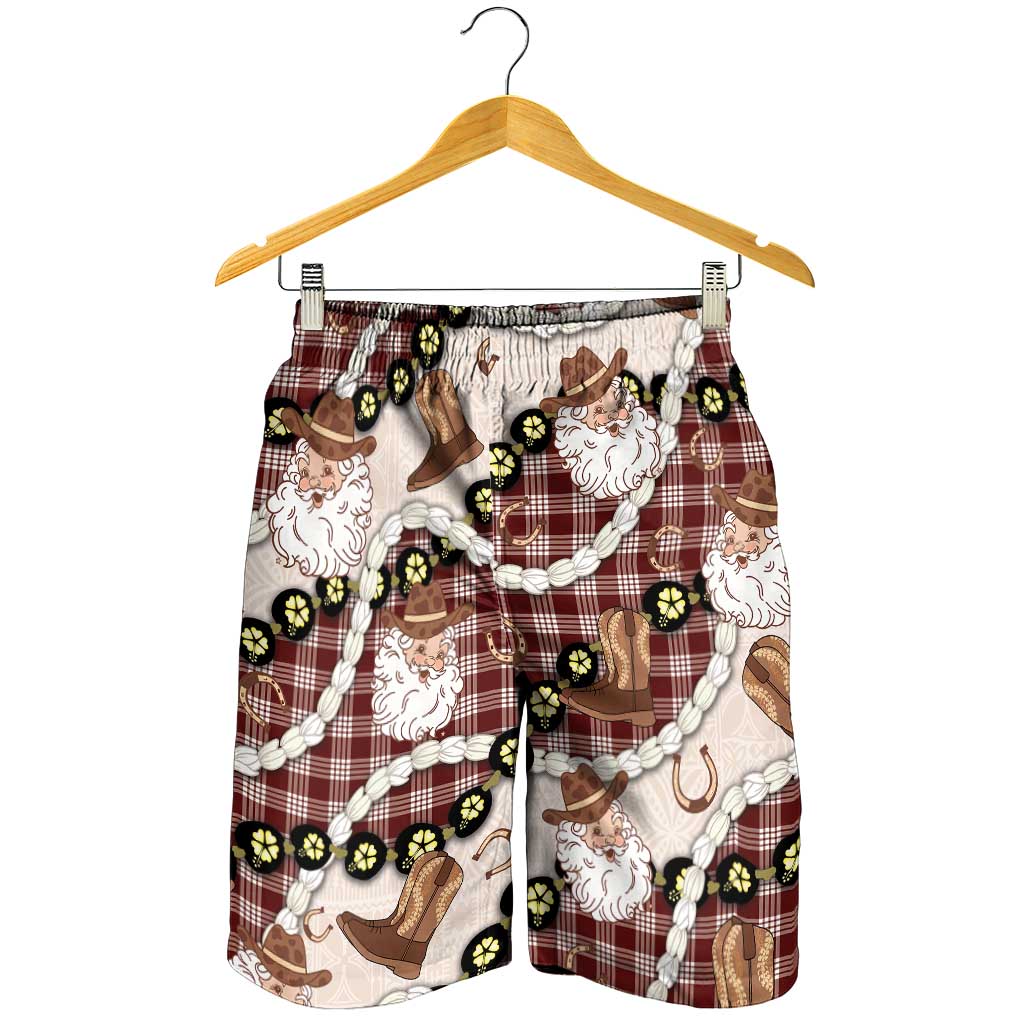 Cowboy Hawaii Mele Kalikimaka Shorts for Men Paniolo Kukui Nut Pikake Lei Burgundy Version - Polynesian Pride