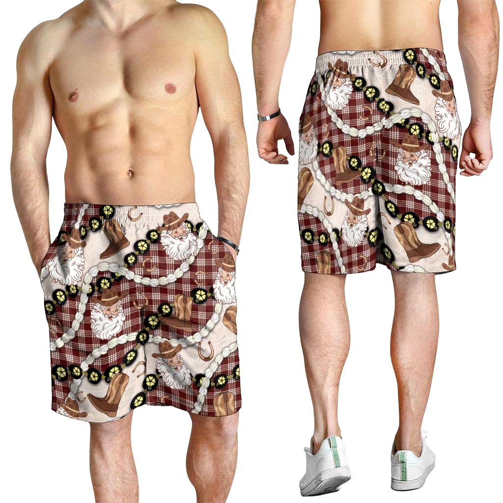 Cowboy Hawaii Mele Kalikimaka Shorts for Men Paniolo Kukui Nut Pikake Lei Burgundy Version - Polynesian Pride