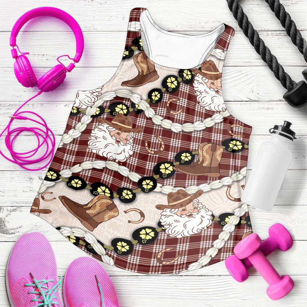 Cowboy Hawaii Mele Kalikimaka Women Racerback Tank Paniolo Kukui Nut Pikake Lei Burgundy Version - Polynesian Pride