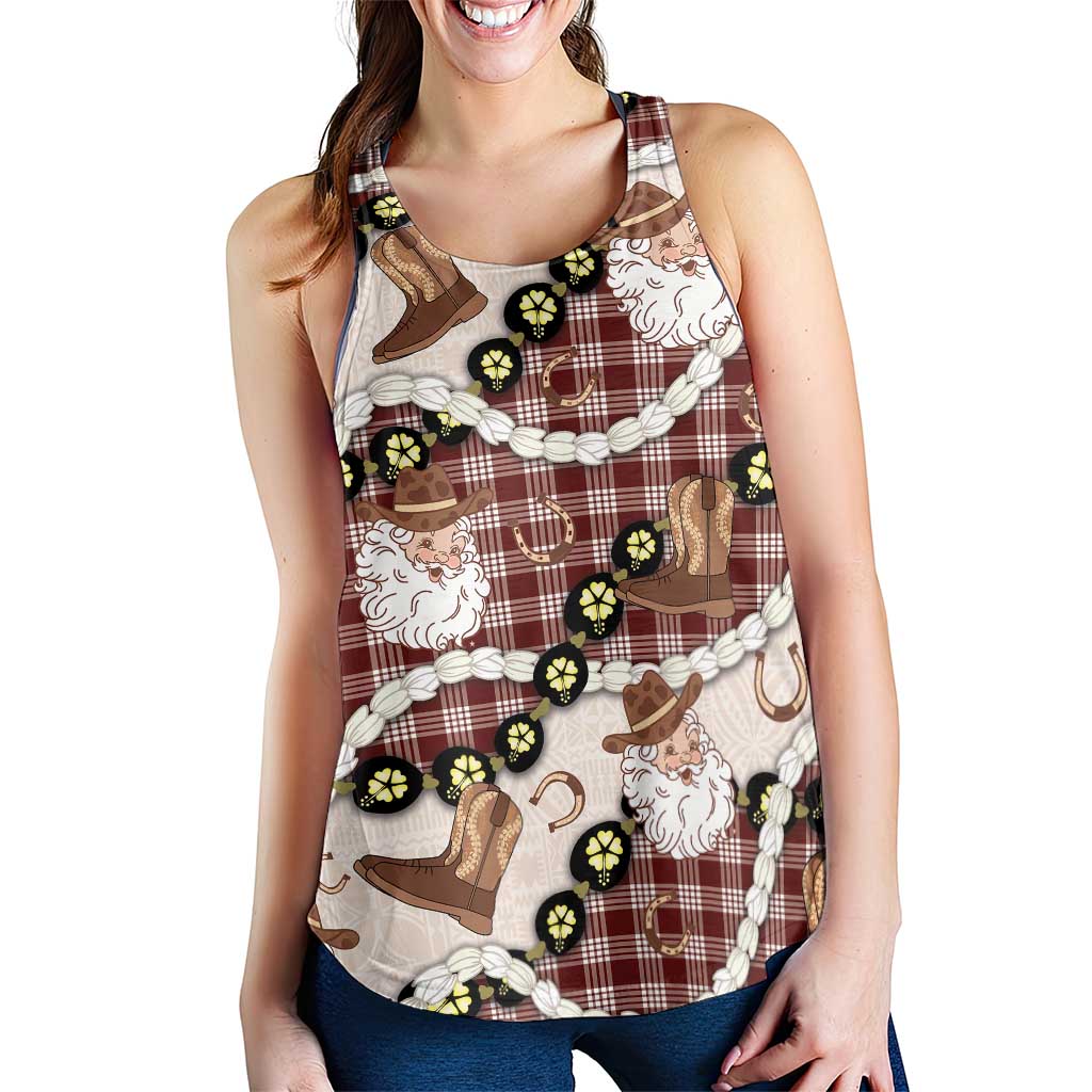 Cowboy Hawaii Mele Kalikimaka Women Racerback Tank Paniolo Kukui Nut Pikake Lei Burgundy Version - Polynesian Pride