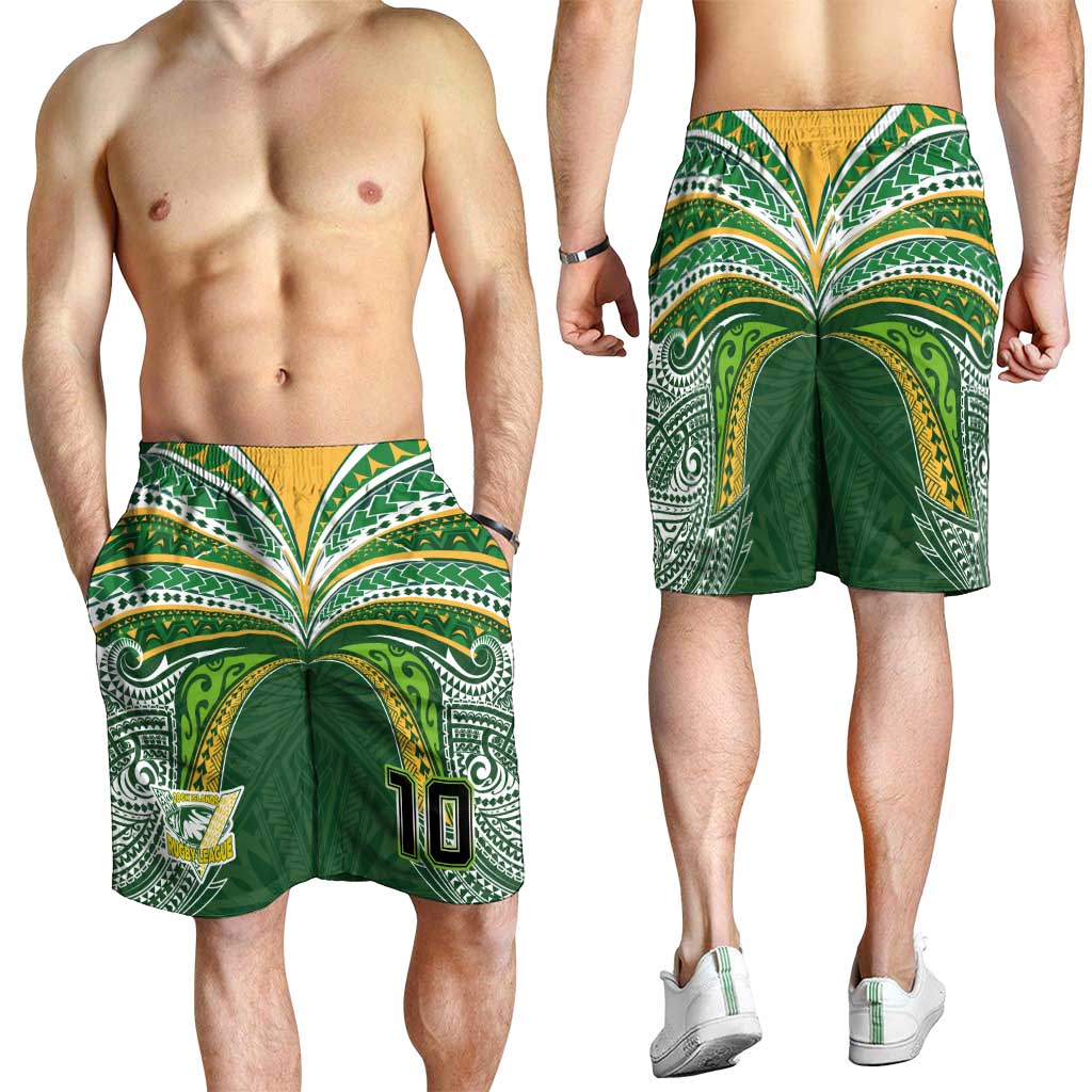 Custom Cook Islands Rugby League Shorts for Men Tatau Tribal Motifs-Dark Green Color - Polynesian Pride