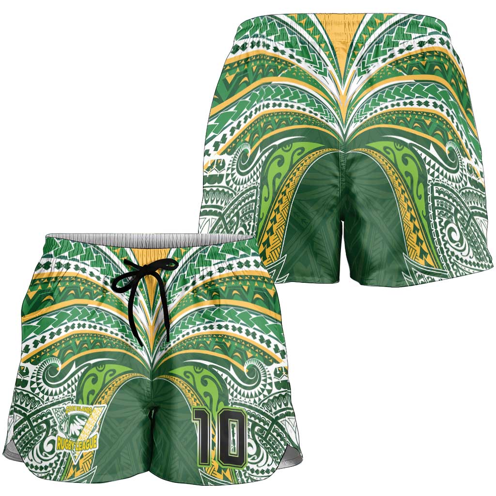 Custom Cook Islands Rugby League Shorts for Women Tatau Tribal Motifs-Dark Green Color - Polynesian Pride
