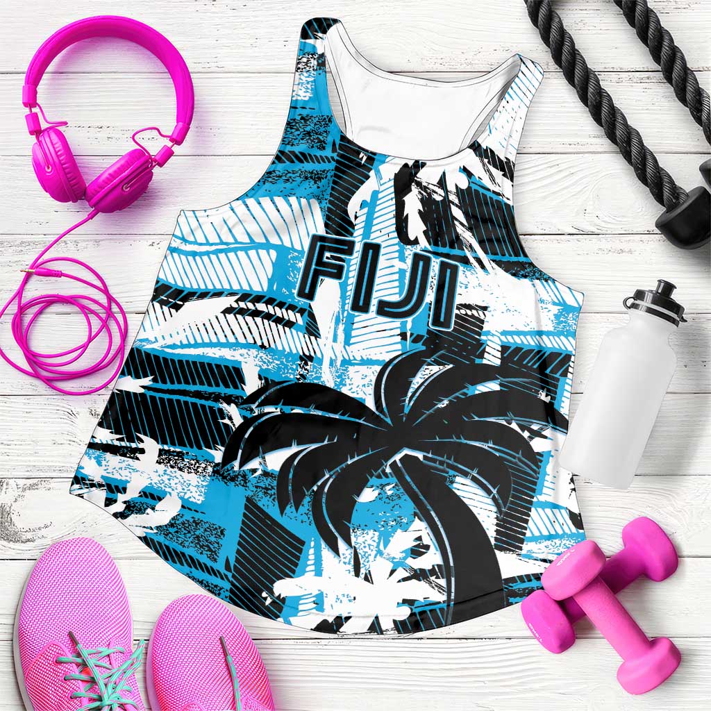 Custom Fijian Rugby Women Racerback Tank Grunge Palm Stylized LT01 Blue - Polynesian Pride