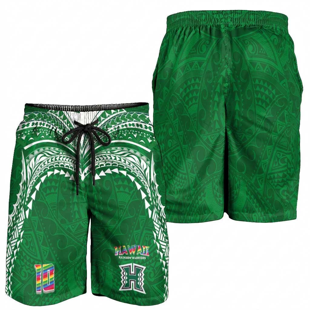Custom Hawaii Rainbow Warriors Shorts for Men Polynesian Motif Green Color