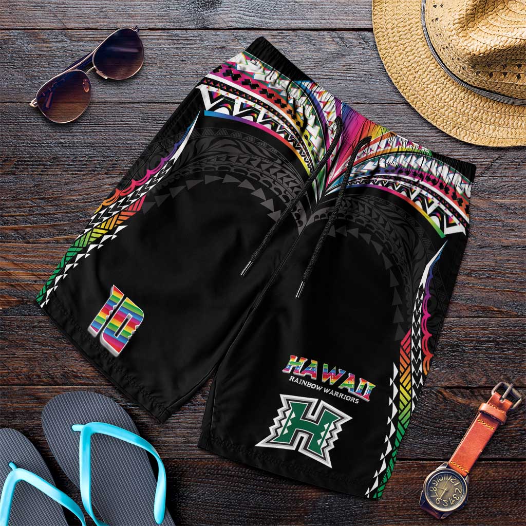 Custom Hawaii Rainbow Warriors Shorts for Men Polynesian Motif Special Edition Rainbow Gradient