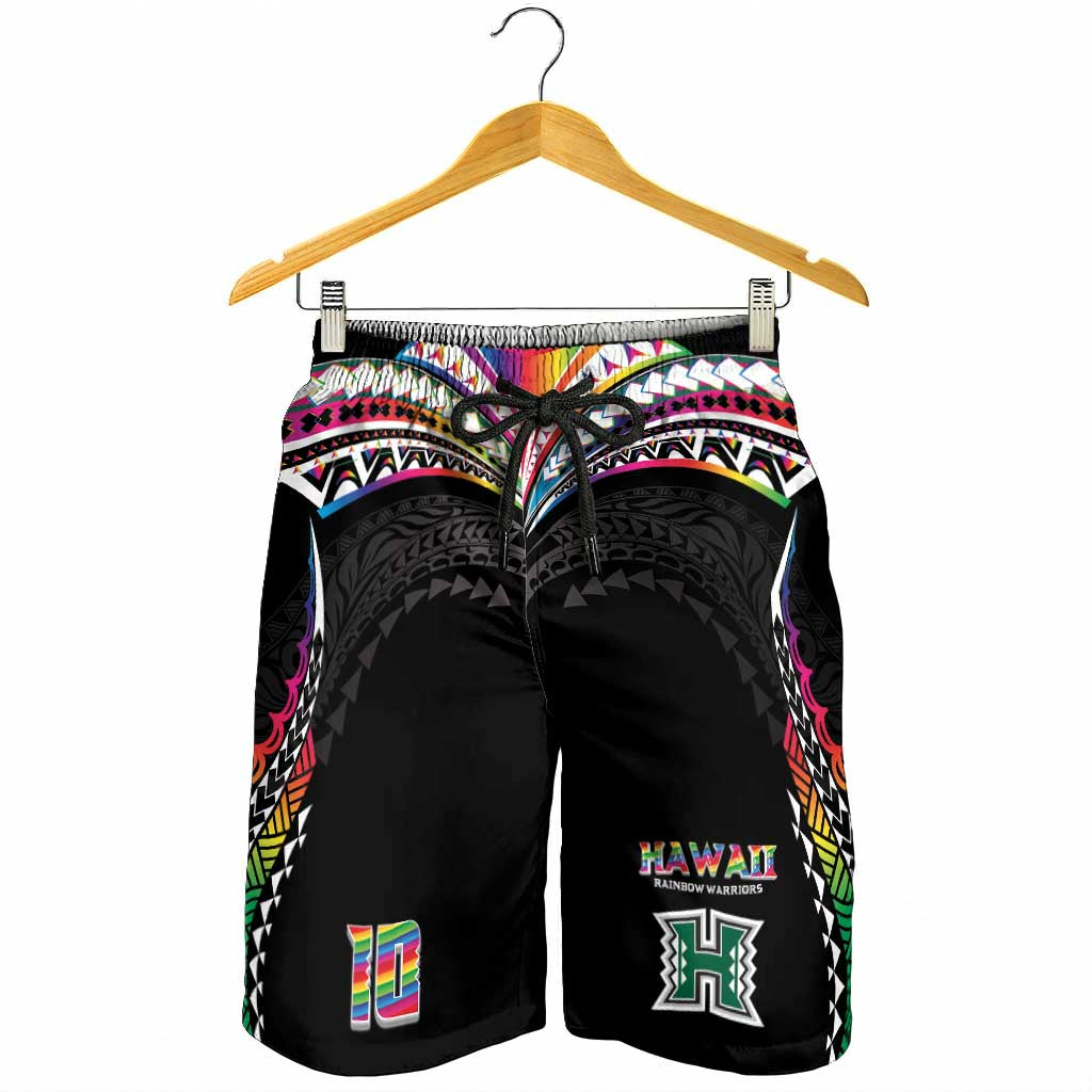 Custom Hawaii Rainbow Warriors Shorts for Men Polynesian Motif Special Edition Rainbow Gradient