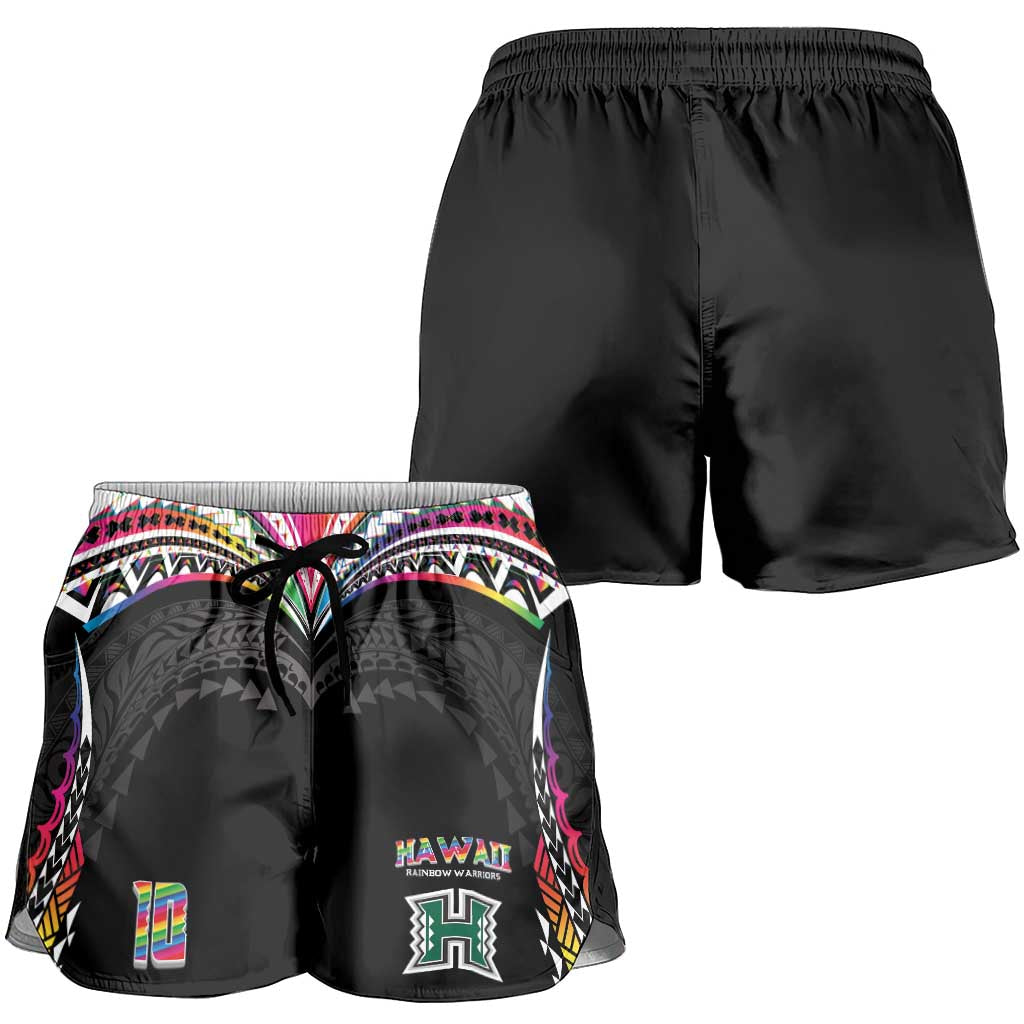 Custom Hawaii Rainbow Warriors Shorts for Women Polynesian Motif Special Edition Rainbow Gradient