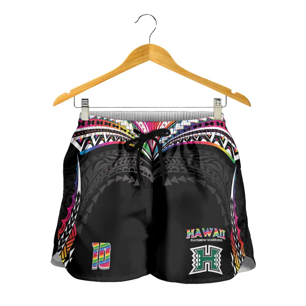 Custom Hawaii Rainbow Warriors Shorts for Women Polynesian Motif Special Edition Rainbow Gradient