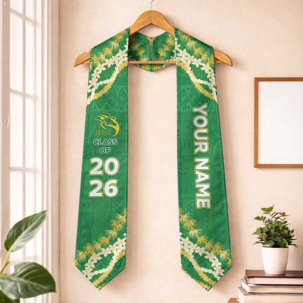 Custom Honokaa High And Intermediate School Graduation Stole Tapa Pattern With Leis LT05 One Size Green - Polynesian Pride