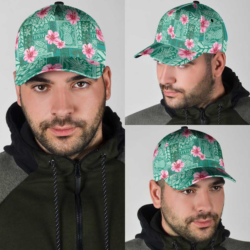 Cyan Hawaii Hibiscus With Tropical Flowers Motifs Classic Cap - Polynesian Pride