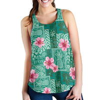Cyan Hawaii Hibiscus With Tropical Flowers Motifs Women Racerback Tank - Polynesian Pride