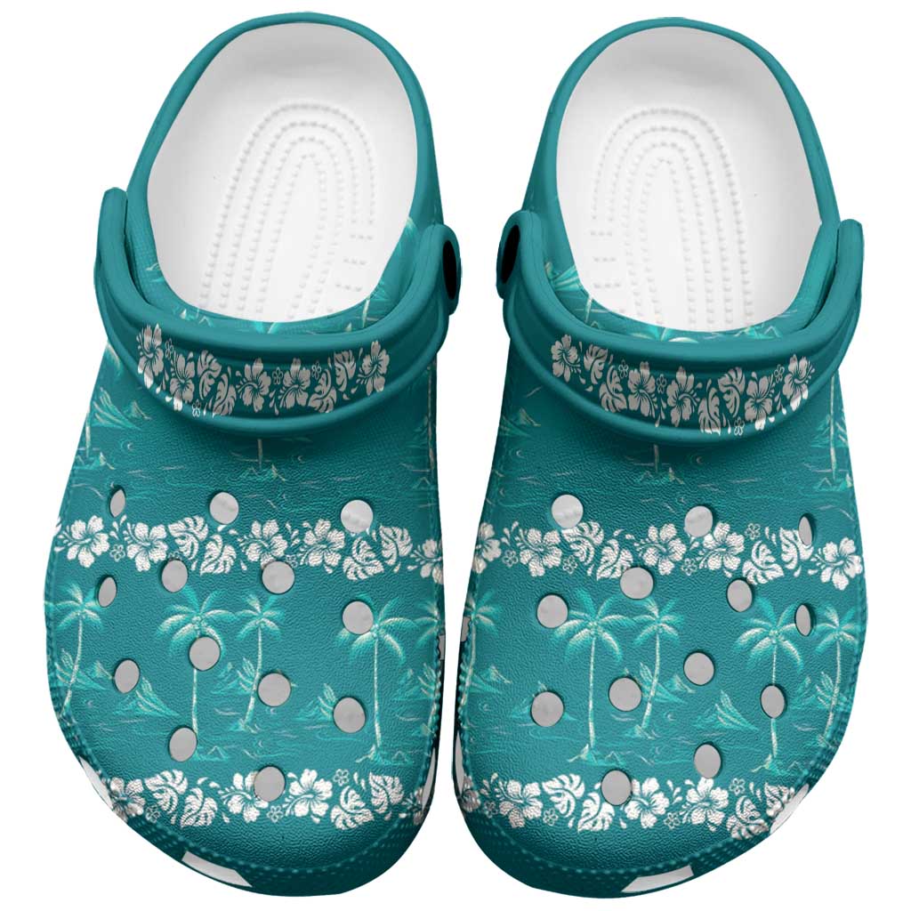 Cyan Hawaii Palm Tree Hibiscus Clogs Shoes Fantasy Summer Vibe