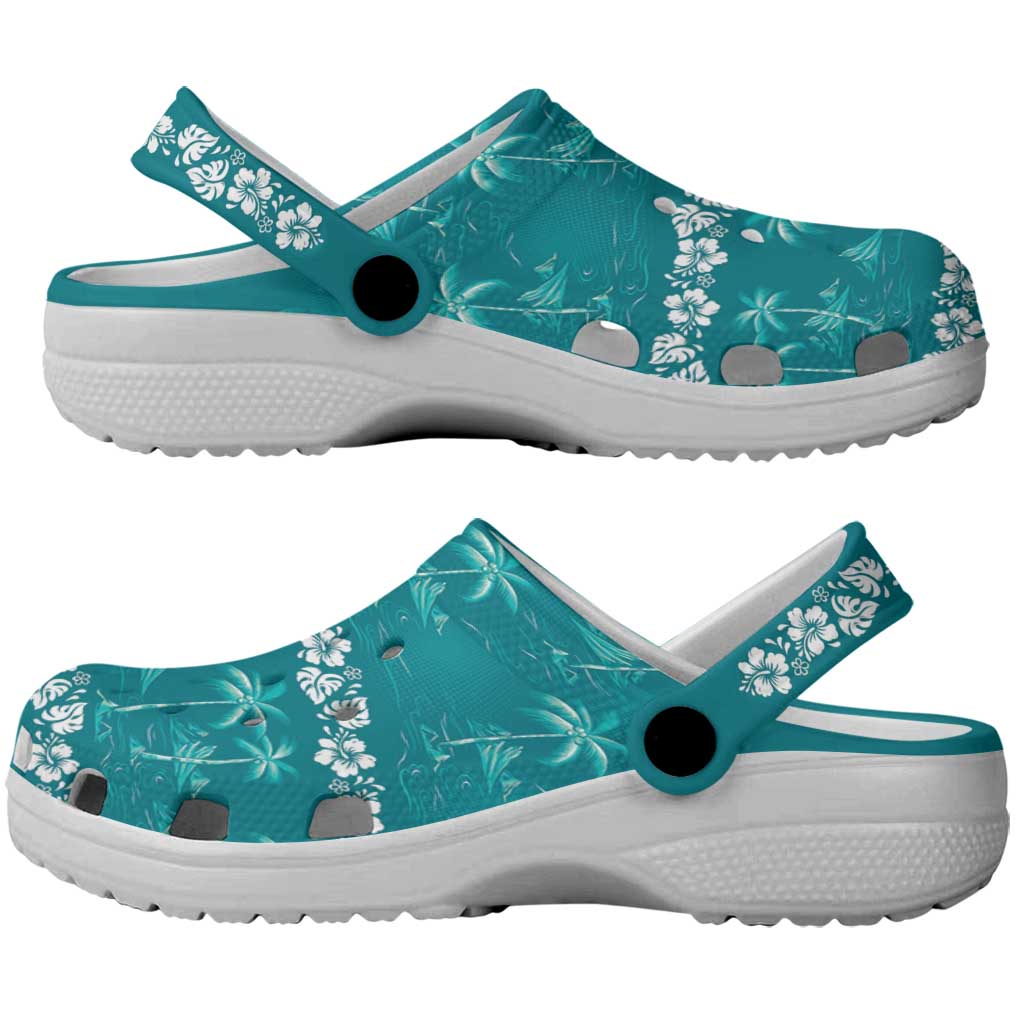 Cyan Hawaii Palm Tree Hibiscus Clogs Shoes Fantasy Summer Vibe