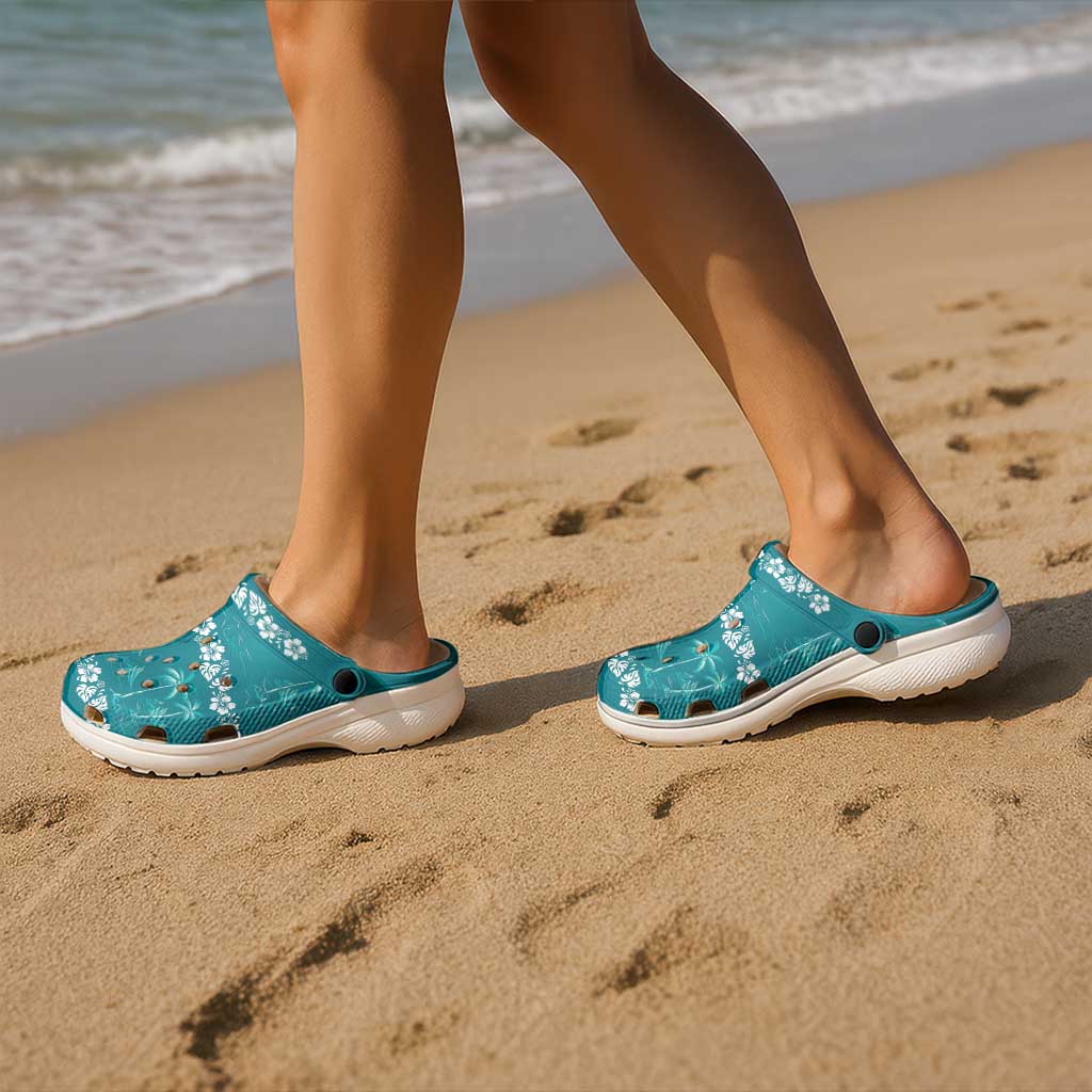 Cyan Hawaii Palm Tree Hibiscus Clogs Shoes Fantasy Summer Vibe