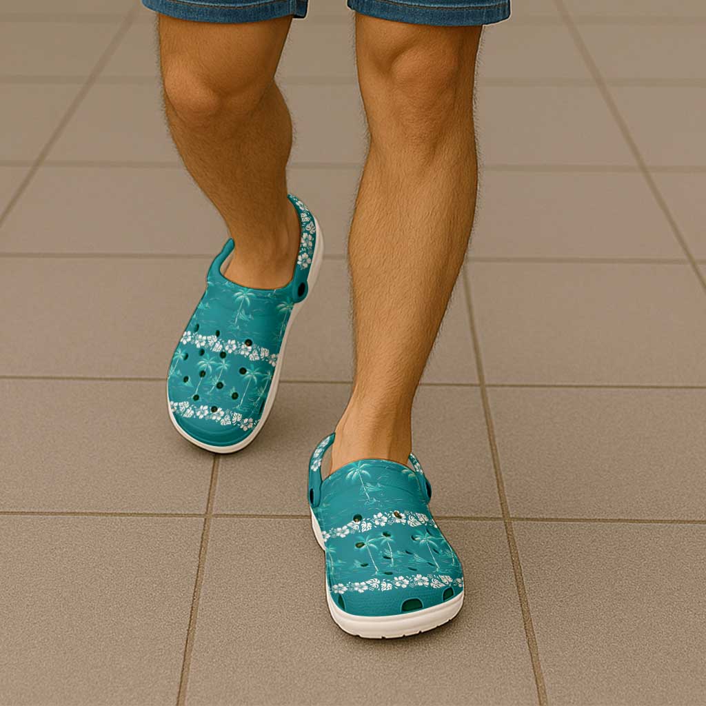 Cyan Hawaii Palm Tree Hibiscus Clogs Shoes Fantasy Summer Vibe