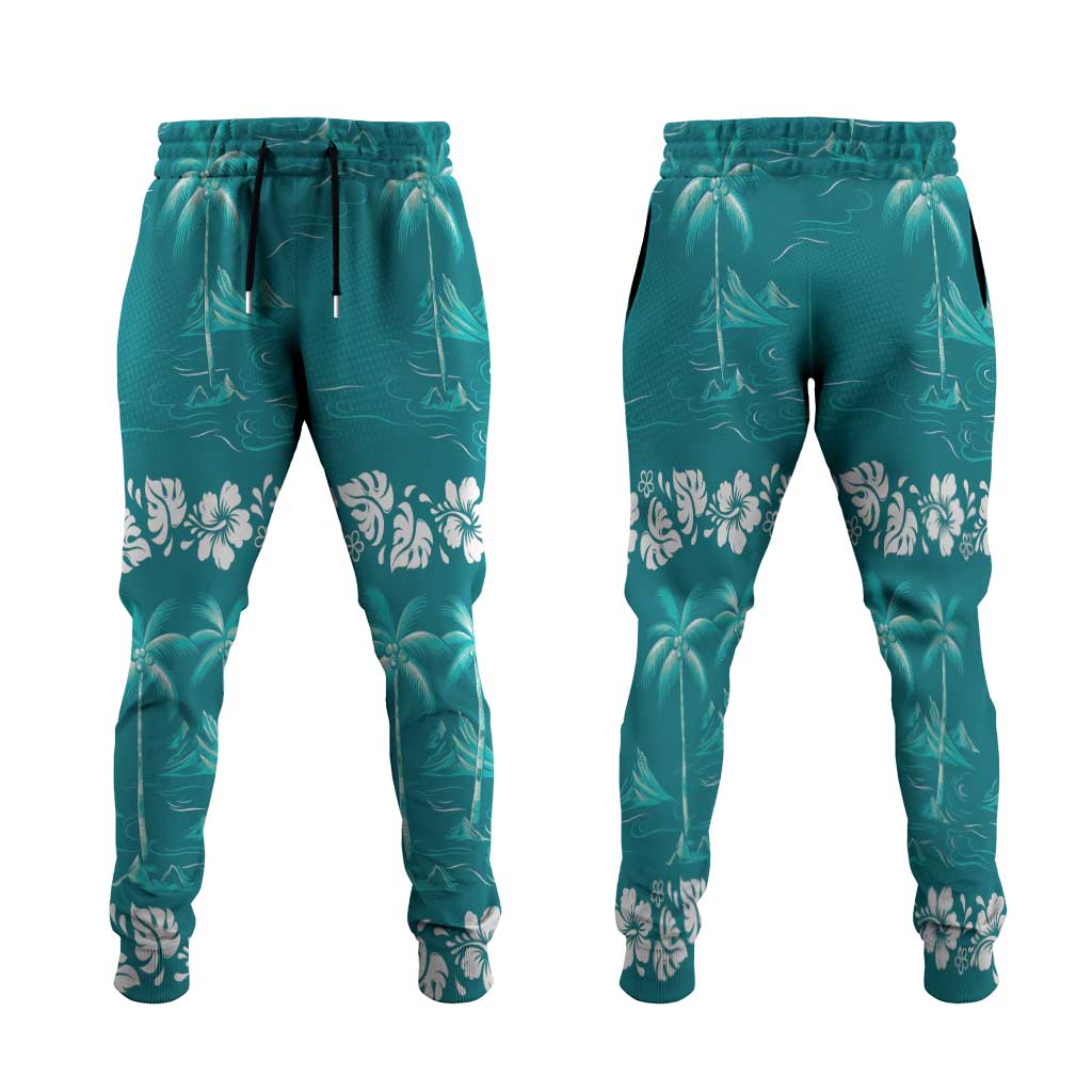 Cyan Hawaii Palm Tree Hibiscus Jogger Pants Fantasy Summer Vibe