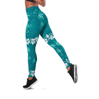 Cyan Hawaii Palm Tree Hibiscus Leggings Fantasy Summer Vibe