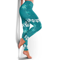 Cyan Hawaii Palm Tree Hibiscus Leggings Fantasy Summer Vibe