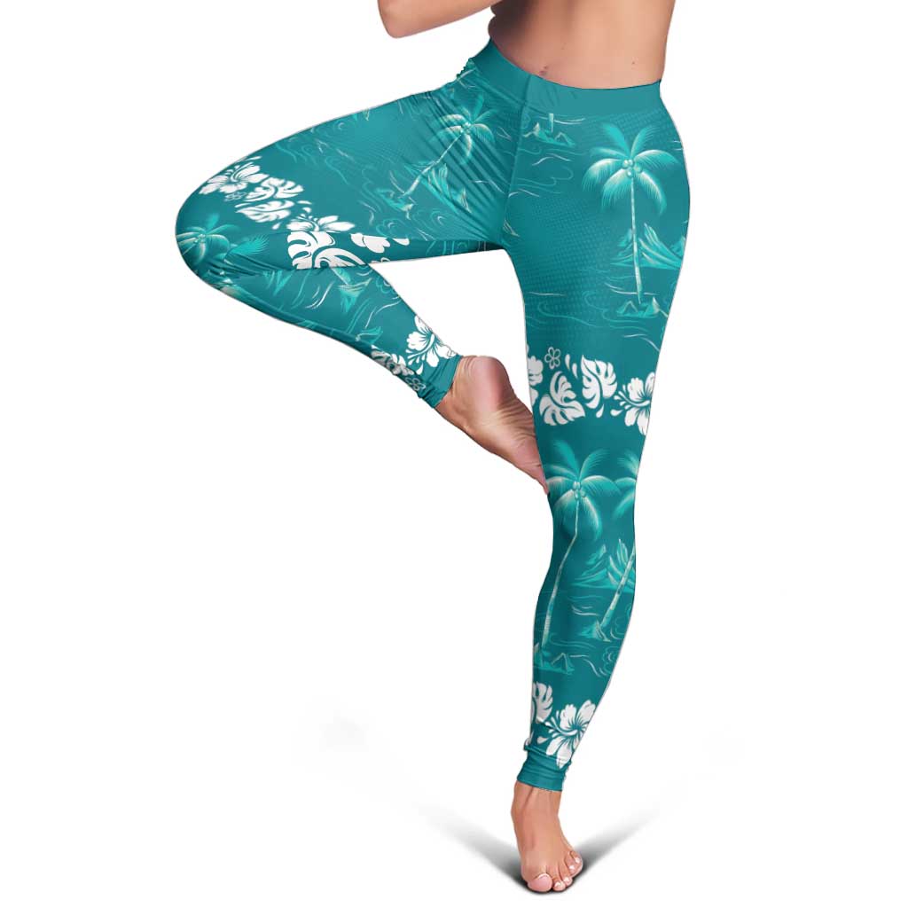 Cyan Hawaii Palm Tree Hibiscus Leggings Fantasy Summer Vibe